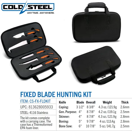 Miniatura 7 de Cold Steel 5 Fixed Blade Knives Versatile Durable Hunting Kit - Sturdy 4116 SS Blades, Double-Textures Handles, Carrying Case Included
