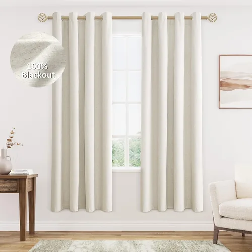 Miniatura 77 de Cream Linen Blackout Curtains 90 Length 2 Panels Set for Living Room Bedroom, 100% Black Out Thermal Insulated Linen Drapes, Room Darkening Grommet