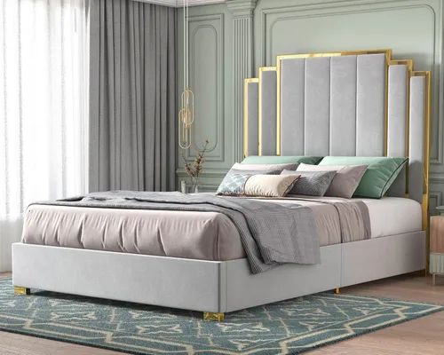 Miniatura 12 de HOWE Base de cama tamaño Queen y cabecera de 61 pulgadas, cama tapizada con borde chapado en oro, cama de plataforma moderna, no necesita somier