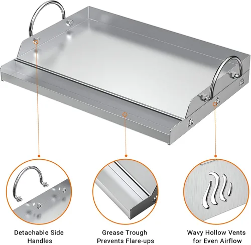 Miniatura 3 de Onlyfire Plancha universal de acero inoxidable para la mayoría de parrillas de barbacoa con asas extraíbles, 18"×12.5