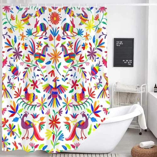 Miniatura 4 de Cortina de ducha con diseño floral de México, para baño, estilo tradicional mexicano Bluebird Otomi, diseño brillante, tela de cachemira, tela