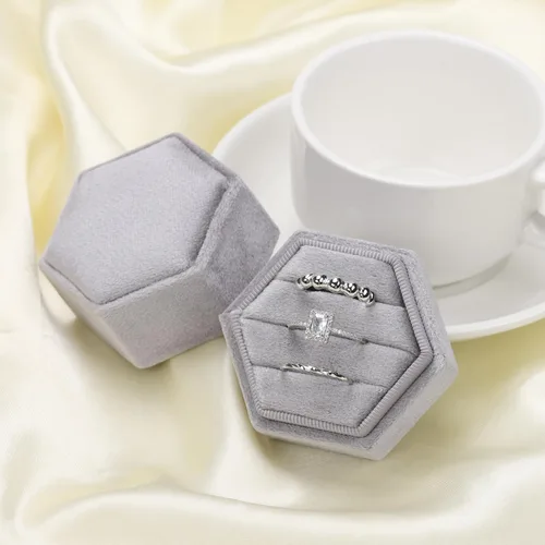 Miniatura 63 de WantGor Caja de joyería de terciopelo para anillos, caja de regalo con 3 ranuras, caja de regalo para anillos hexagonales vintage, para ceremonia