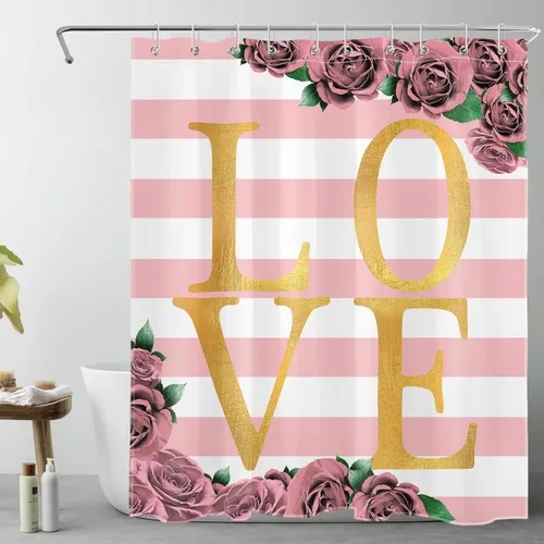 Miniatura 12 de LB Cortina de ducha con diseño de flores rojas y rosas para el día de San Valentín, diseño de hojas verdes y doradas, cortinas de ducha para baño