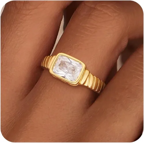 Anillos de oro con piedra natal para mujer, no se deslustra, vintage, gruesos, esmeralda, chapados en oro de 14 quilates, con circonita cúbica,