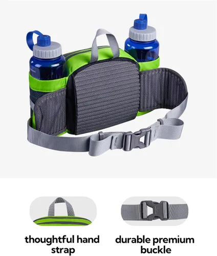 Miniatura 5 de Waterfly - Riñonera Fanny Pack: Bolso Fanny con 2 soportes para botellas de agua, cinturón lumbar, para senderismo, caminatas, correr, trotar, Verde