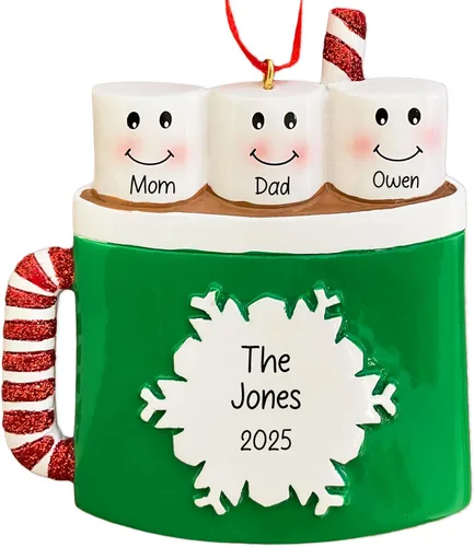 Miniatura 8 de Adorno de Navidad personalizado de la familia de 6 de chocolate caliente 2026 Malvaviscos personalizados en taza de cacao con bastón de caramelo
