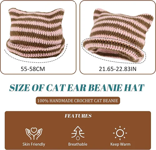 Miniatura 7 de Gorro de gato, gorro de oreja de gato, gorro holgado para mujer, gótico hecho a mano con ganchillo y 3 pinzas de pelo de estrella