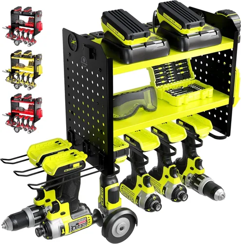 Miniatura 10 de BUILTSTRONG Organizador de almacenamiento de herramientas de metal resistente - Organizador de montaje en pared de 3 niveles, soporte de taladro