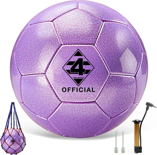 Balón de fútbol morado con purpurina, tamaño 3, 4, 5 con bomba y bolsa de aguja/malla, kit de pelota de fútbol de poliuretano Sofu para interiores y