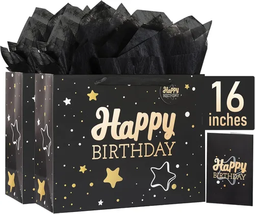 Miniatura 43 de Powbrace Bolsa de regalo de cumpleaños negra con papel de seda y tarjeta de felicitación, 13 x 10.2 x 4.9 pies, mediana