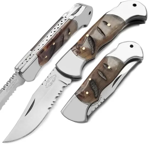 Best.Buy.Damascus1 Cuerno de carnero negro real de 7.5 pulgadas de acero inoxidable 420c, cuchillo plegable cuchillo de bolsillo plegable, bloqueo