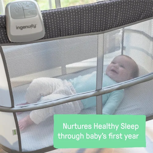 Miniatura 6 de Ingenuity Snooze & Stow - Moisés portátil para bebé, fácil de plegar con sonido, luz, vibración, laterales de malla, estante de almacenamiento