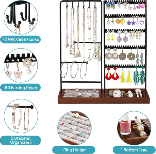 Miniatura 2 de Vtopmart Soporte organizador de joyas para aretes, collares, anillos, pulseras, exhibición y almacenamiento, con 90 agujeros, 12 ganchos, negro +