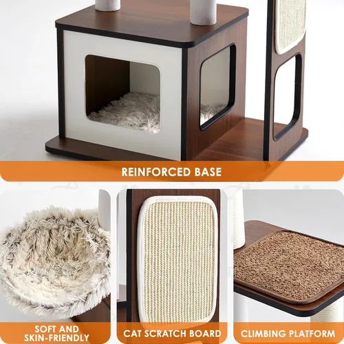 Miniatura 5 de Árbol y torre modernos para gatos de 54 pulgadas para gatos grandes, árbol de madera de varios niveles con postes rascadores, hamaca, percha