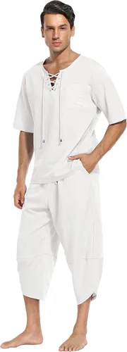 Miniatura 3 de Babioboa Conjunto de 2 piezas de lino para hombre, camisa hippie de manga corta y pantalones capri harén holgados para playa, pantalones de yoga