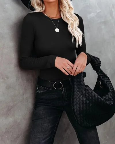 Miniatura 3 de VICHYIE Ropa de otoño para mujer, cuello redondo, acanalada, manga larga, ajustada, camiseta básica casual