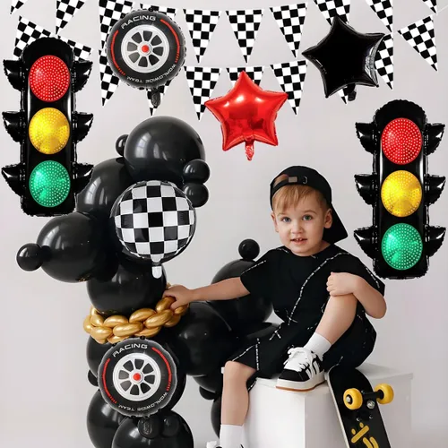Miniatura 3 de Globos de carreras para decoración de fiesta de cumpleaños, globos de semáforo de 32 pulgadas, pancarta a cuadros, globos de neumáticos