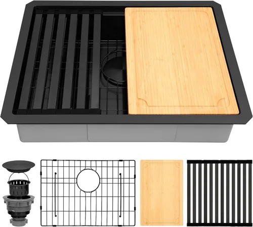 Miniatura 20 de Fregadero de barra de montaje inferior negro, fregadero de cocina de acero inoxidable 304S de calibre 16 con repisa de estación de trabajo