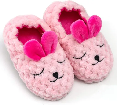 Miniatura 2 de DADAWEN Pantuflas de felpa suave para niños y niñas pequeños con dibujos animados, zapatos cálidos para casa