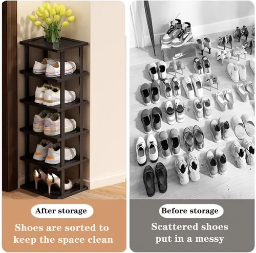 Miniatura 4 de Zapatero vertical – Organizador de zapatos alto y estrecho para espacios pequeños, estante de bambú de 5 niveles para entrada, armario, esquina