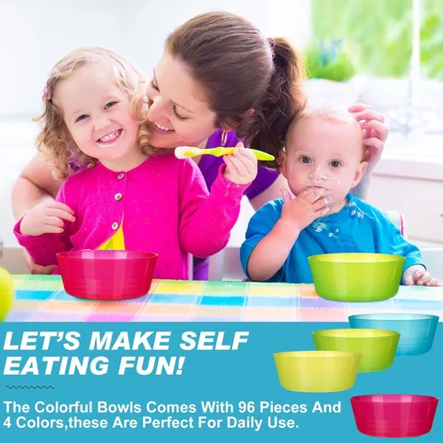 Miniatura 5 de Dandat 96 cuencos de plástico para niños de 14 onzas de colores brillantes, cuencos pequeños de cereales aptos para lavavajillas, microondas