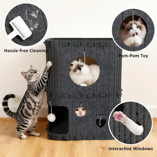 Miniatura 6 de Casa para gatos de interior – Cueva cerrada de 2 pisos para gatos múltiples y grandes, cubierta de fieltro para mascotas, túnel de condominio, cubo