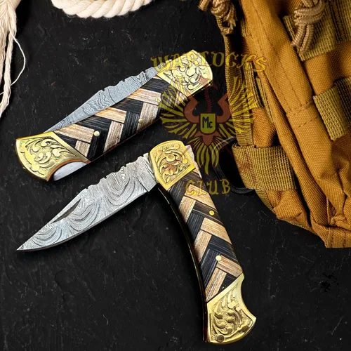 Miniatura 4 de Cuchillo de bolsillo de Damasco hecho a mano con funda, cuchillo de caza plegable de 7" con mango de madera, pequeño cuchillo de camping