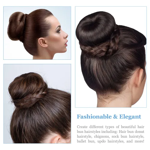 Miniatura 5 de TsMADDTs Máquina para hacer moños de pelo en forma de dona, 3 piezas, color marrón oscuro, estilo anillo, con 20 horquillas en forma de U para bailar