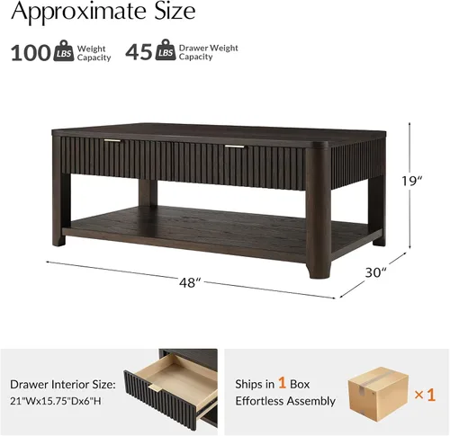 Miniatura 2 de HULALA HOME Mesa de centro moderna acanalada con almacenamiento, mesa de centro de chapa de roble de madera con mesa ancha, 2 cajones y estante Nogal