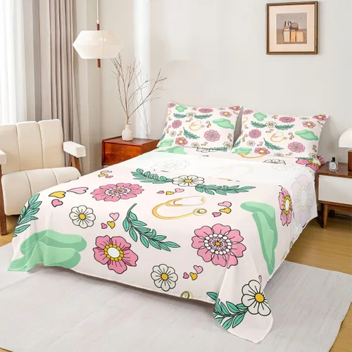 Miniatura 10 de Erosebridal Nurse Sheet Set Stethoscope Twin Sheets Set for Teen Boys,Colorful Medical Healthcare Heartbeat Syringe Fitted Sheet