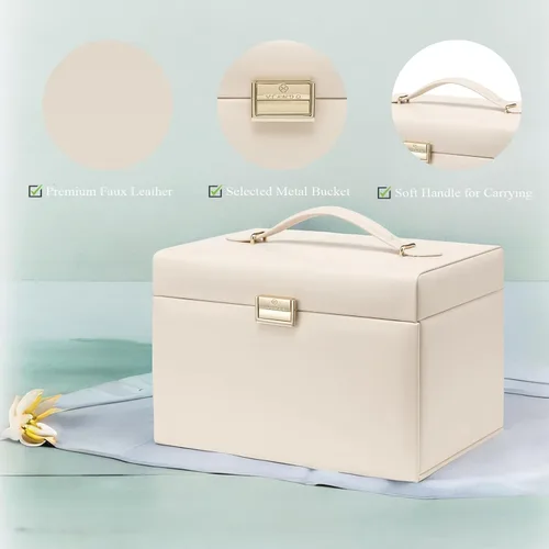 Miniatura 2 de Vlando Organizador de joyero con espejo, caja de almacenamiento de joyería de cuero, collares, aretes, anillos, soportes, relojes, caja