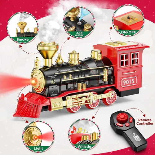 Miniatura 2 de Hot Bee Locomotora de tren a control remoto, juguete de motor de vapor de tren con humo, luces y sonidos, juguetes de trenes de Navidad, regalos