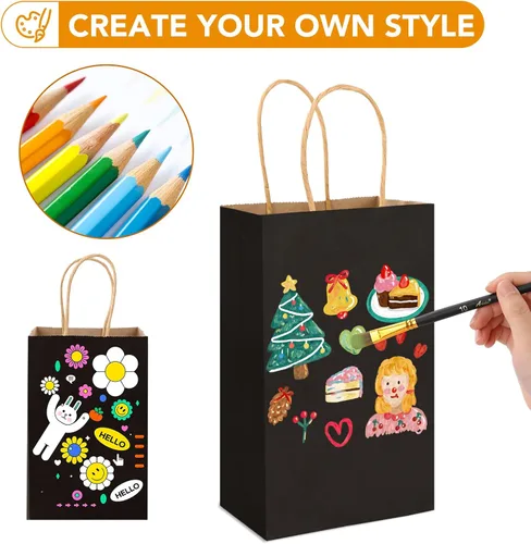 Miniatura 6 de XPCARE 200 unidades de bolsas de regalo de papel, 13,3 x 8,2 x 21 cm, bolsas de envoltorio de regalo con asas, bolsas de papel kraft negro