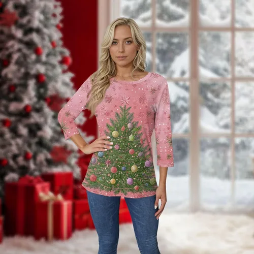 Miniatura 65 de Camisetas de manga 3/4 para mujer, cuello redondo, holgadas, casuales, con estampado floral, camisetas de moda para el trabajo de negocios