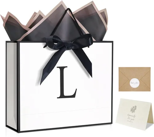 Miniatura 18 de QLSKO - Bolsa de regalo con monograma personalizada, bolsa de papel con inicial personalizada con tarjeta, sobre a juego, cinta con lazo y papel