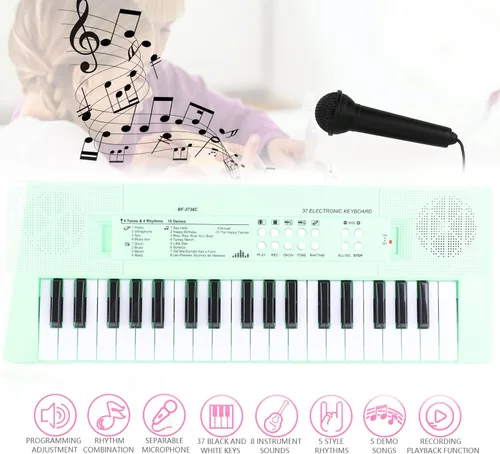 Miniatura 5 de Piano eléctrico de 37 teclas Teclado para principiantes con micrófono Carga USB de doble potencia o baterías verde