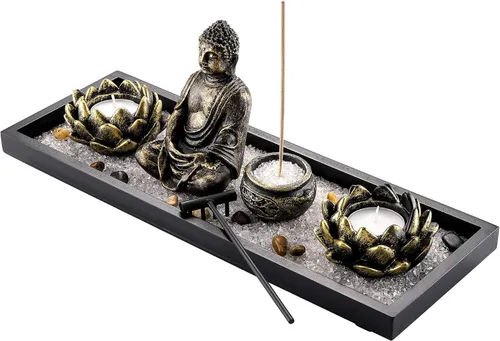 Miniatura 3 de Jovivi set de jardín zen con estatua de Buda, 2 portavelas de té de loto, mazo y rocas y cristales y quemador de incienso con soporte para varillas