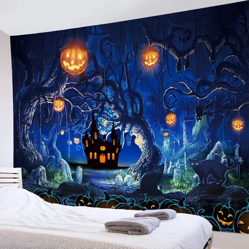 Miniatura 36 de EOBTAIN Scary Halloween Tapestry Gothic Black Crow Skull in Horror Graveyard Tapestry Wall Hanging Spooky Raven under Misty Full Moon Night Wall Art