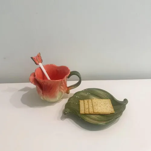 Miniatura 4 de Juego de taza de té y platillo de cerámica, taza de café de flores pintadas a mano en 3D de 6 onzas, regalo para mujeres, tulipán naranja