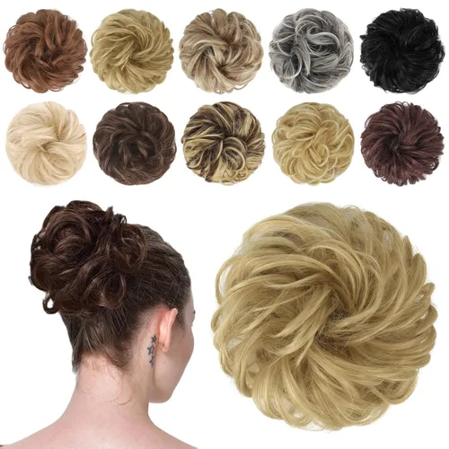 Miniatura 45 de FESHFEN Pieza de Cabello de Moño Desordenado - Extensiones Elásticas Onduladas Rizadas de Moño Scrunchies Sintético Chignon Postizos para Mujeres