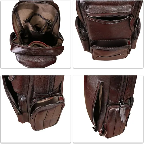 Miniatura 7 de IVTG Bolso de hombro de cuero genuino, mochila de viaje, mochila de senderismo, mochila casual, bolso de pecho vintage hecho a mano, mochila