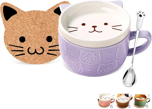 Miniatura 12 de BigNoseDeer 2 tazas lindas de cerámica Kawaii con gato, taza de café con tapa, tazas de té y platillos para postre, regalos lindos para amantes