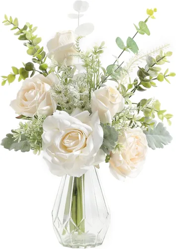 Miniatura 10 de Flores artificiales pequeñas de 11.8 pulgadas en jarrón de cerámica, centro de mesa de flores de seda púrpura para mesa de comedor, oficina, boda