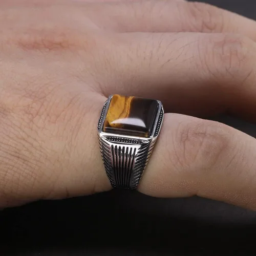 Miniatura 9 de Anillo de plata para hombre Piedra natural de ojos de tigre Anillo turco Anillo retro grabado geométrico por Fantasy World, Metal precioso, ojo