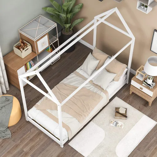 Miniatura 3 de SOFTSEA Cama de piso individual para niños, cama individual con techo (gris, Twin-House)