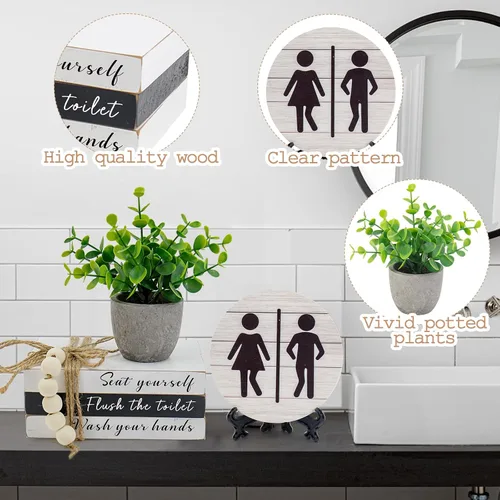 Miniatura 3 de Letreros Decorativos para Estante de Baño, Pila de Libros y Letreros Redondos 3D con Plantas Falsas, Divertida Decoración de Madera para Estante