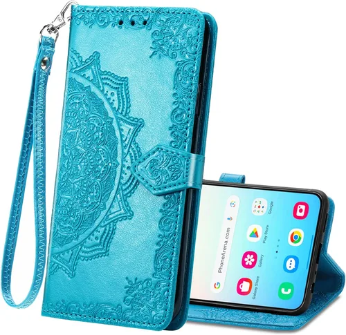 Funda tipo cartera para Samsung Galaxy S24, funda de piel sintética en relieve con estampado de flores de mandala, correa de muñeca con ranuras para