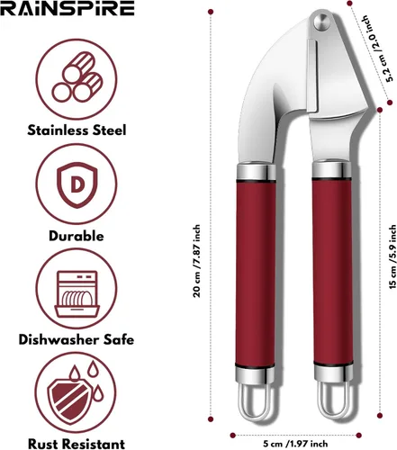 Miniatura 2 de Rainspire Prensa de ajo de acero inoxidable de alta calidad, herramienta para picar ajos, herramienta trituradora de ajo, trituradora de ajos, Rojo