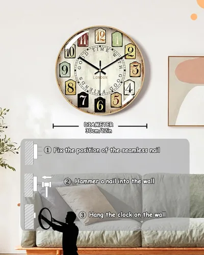Miniatura 6 de Relojes de pared decorativos que funcionan con pilas, reloj de pared retro con esfera de cristal, esfera de 12 pulgadas con números romanos