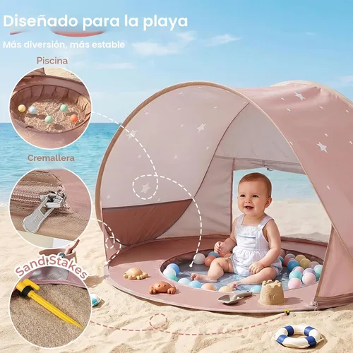 Miniatura 3 de Monobeach Tienda de campaña de playa para bebés con piscina: tienda de campaña desplegable con estrellas marrones para niños pequeños, refugio